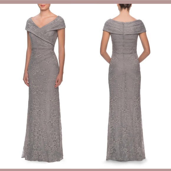 La Femme Dresses & Skirts - NEW $469 La Femme [ size 2 ] Portrait Neck Sparkle Lace Gown in Platinum‎